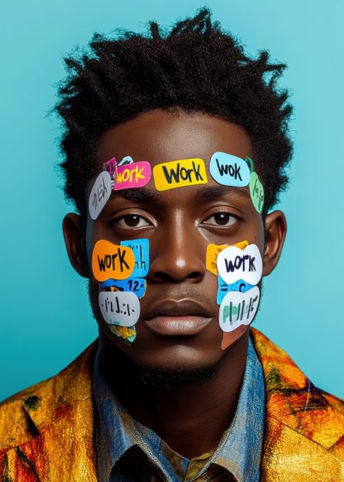 A man with a blue background and a red shirt that says work is the main focus of the image. He has a blue background and a red shirt with the words work written on it